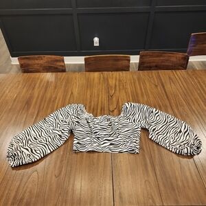 I. Madeline Zebra Black White Puff Sleeve Crop Top nwt L